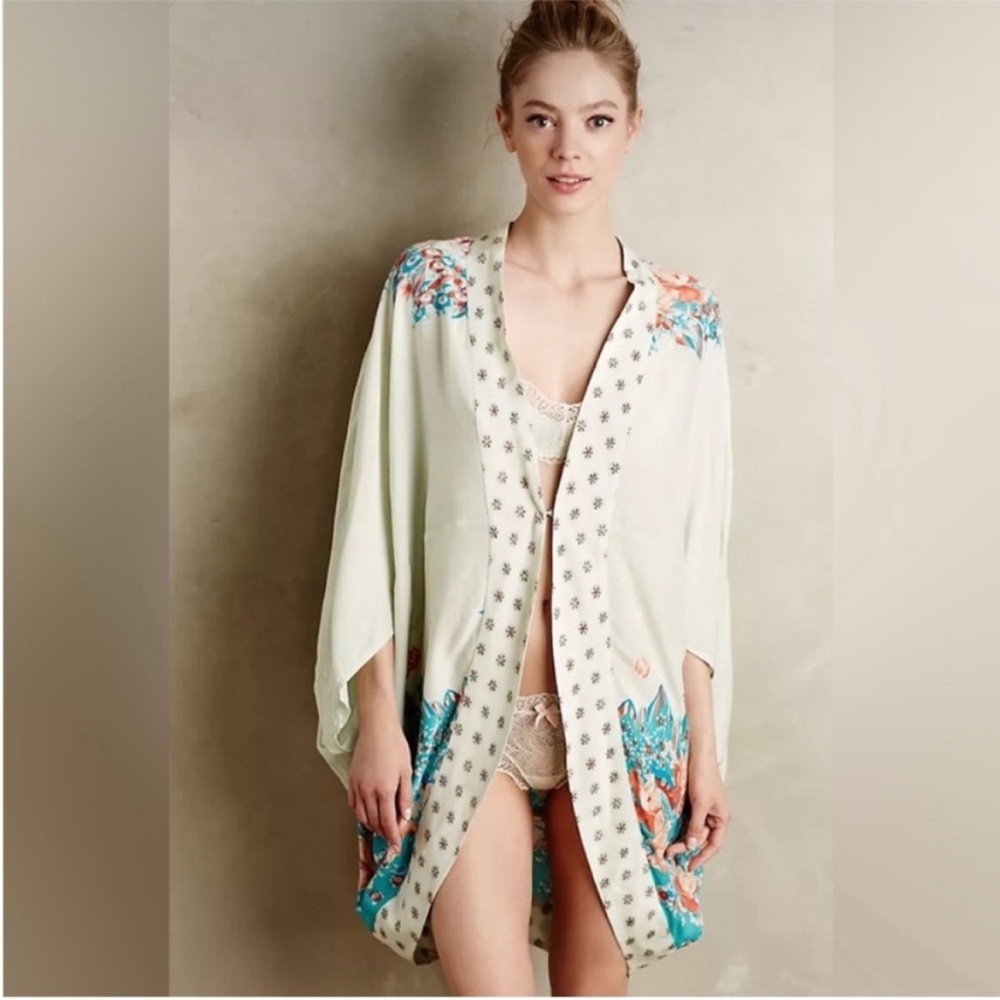 Anthropologie E Eloise Nami Mint Green Blue Floral Bohemian Robe Cocoon Kimono